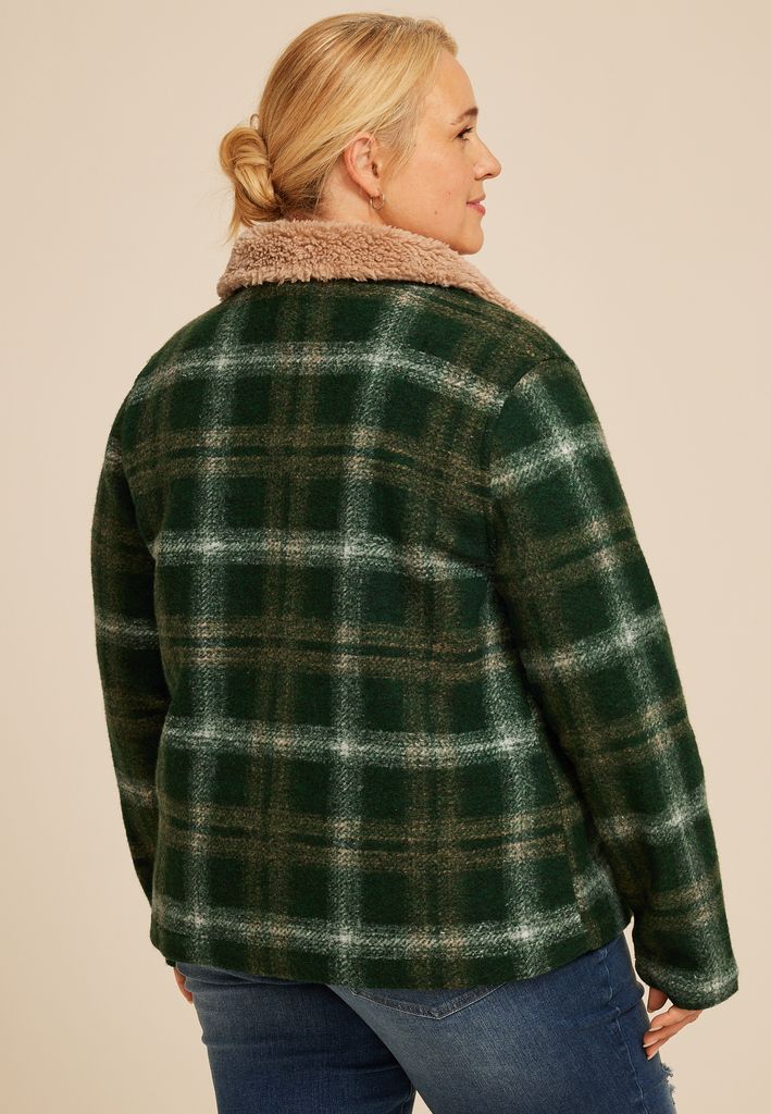 Plus Size Green Plaid Sherpa Collar Jacket - Image 2