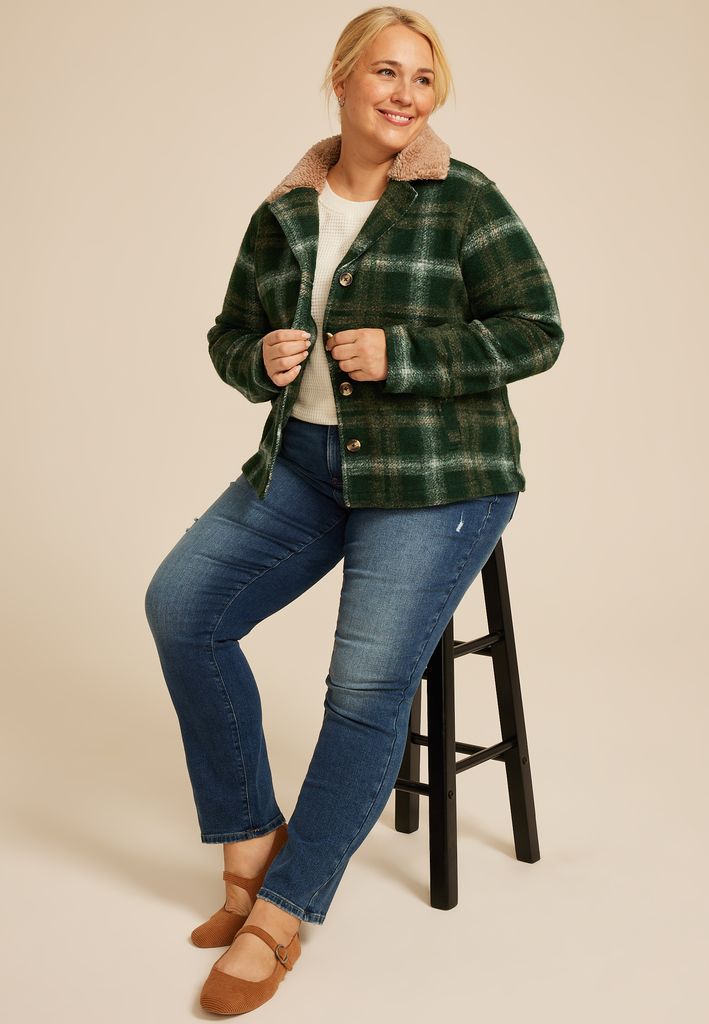 Plus Size Green Plaid Sherpa Collar Jacket - Image 3