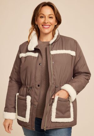 Plus Size Sherpa Trim Puffer Jacket