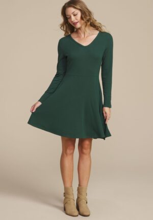 Ribbed V Neck Snap Cuff Skater Dress