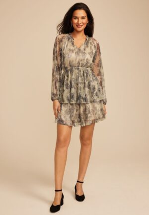 Metallic Floral Tiered Mini Dress