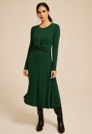 Green Twist Front Long Sleeve Midi Dress