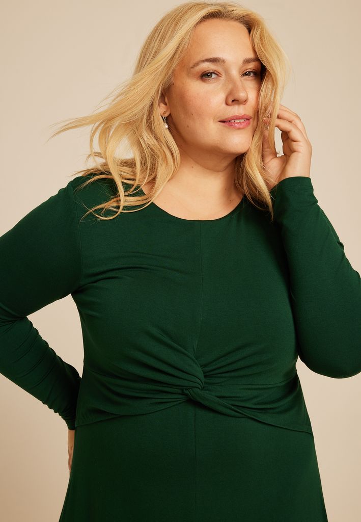 Plus Size Green Twist Front Long Sleeve Midi Dress - Image 3