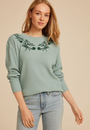 Waffle Knit Floral Embroidered Relaxed Fit Sweatshirt