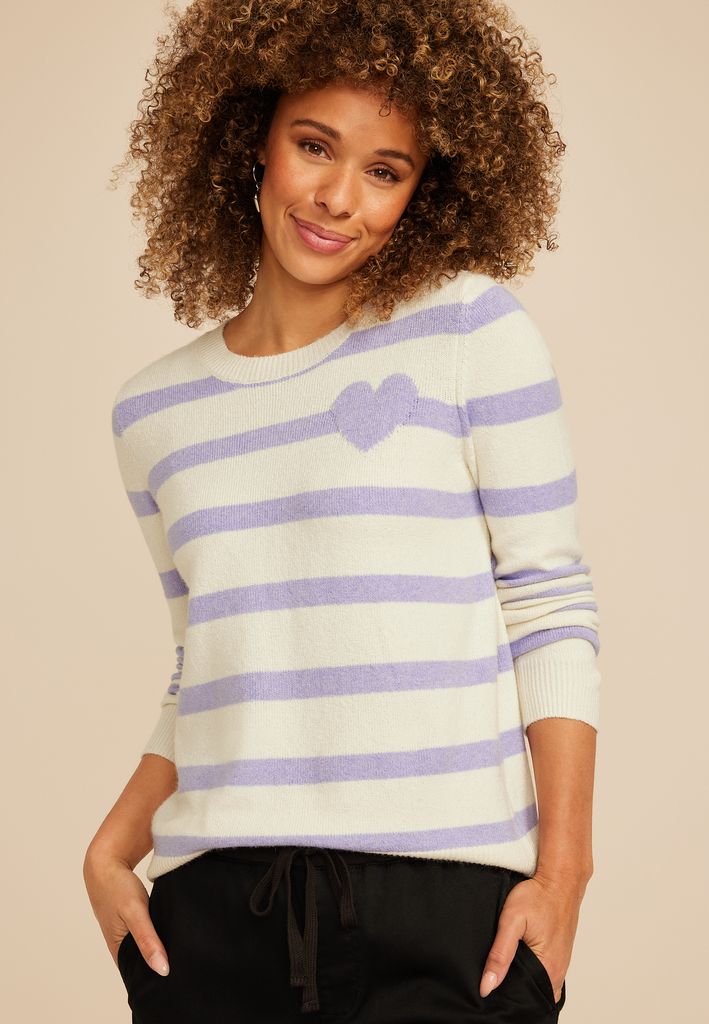 Lavender Striped Heart Crew Neck Sweater