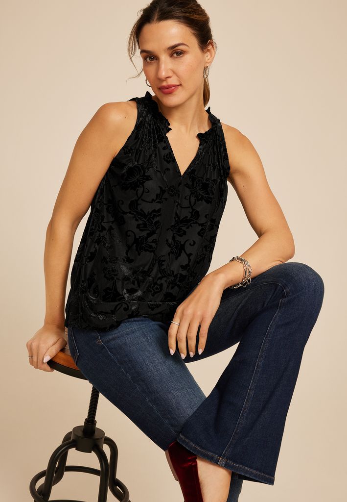 Velvet Burnout Floral V Neck Tank Top - Image 3