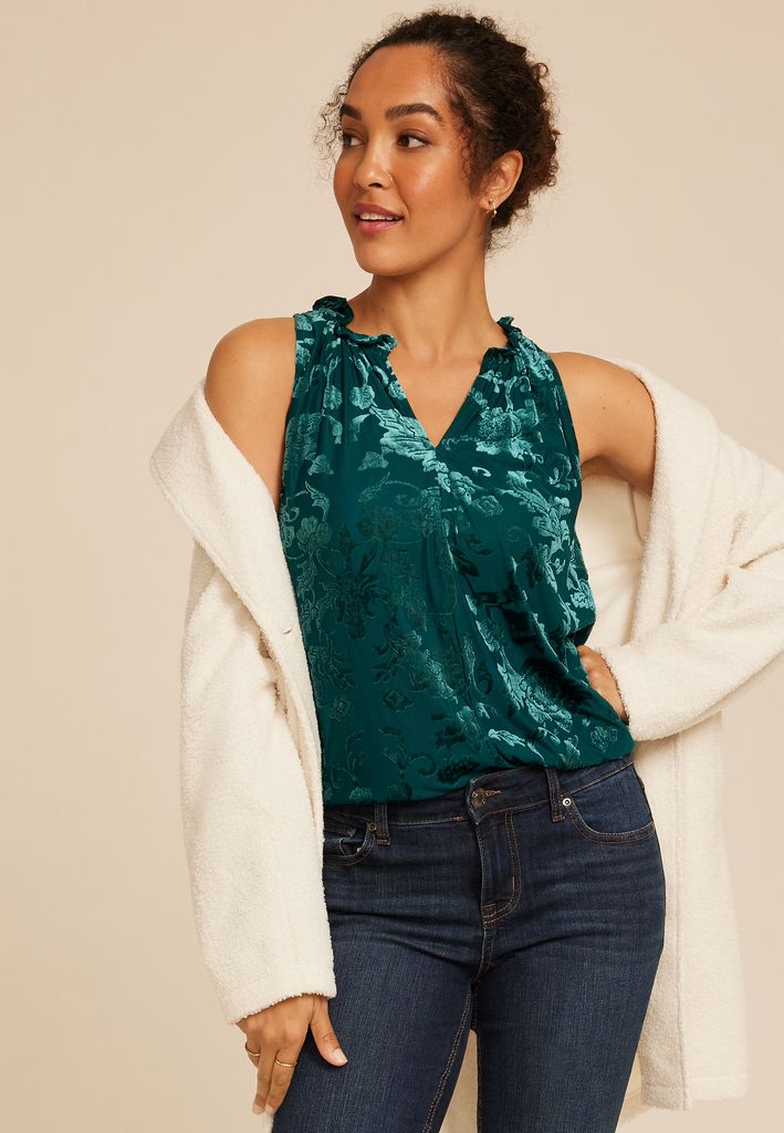 Velvet Burnout Floral V Neck Tank Top