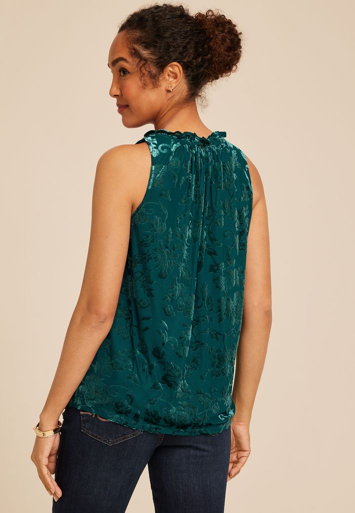 Velvet Burnout Floral V Neck Tank Top - Image 2