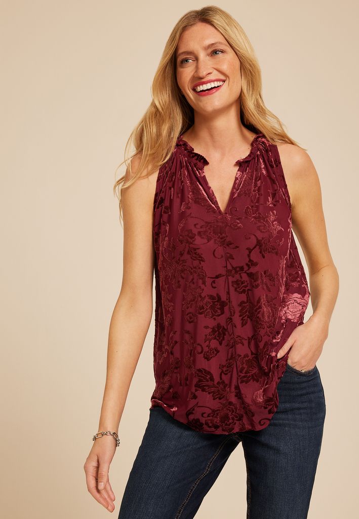 Velvet Burnout Floral V Neck Tank Top