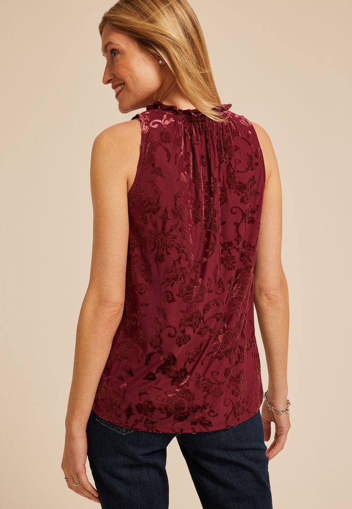 Velvet Burnout Floral V Neck Tank Top - Image 2