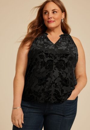 Plus Size Floral Velvet Burnout Tank Top