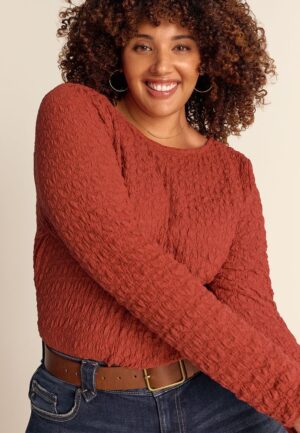 Plus Size Textured Boat Neck Long Sleeve Tee