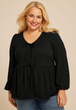 Plus Size Textured Bow Tie V Neck Top
