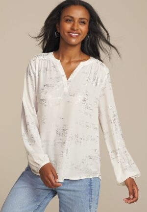 Metallic Abstract V Neck Blouse