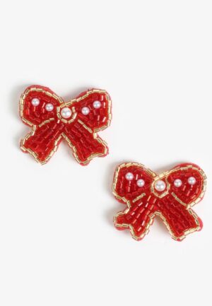 Red Beaded Bow Stud Earrings