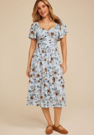 Floral Short Sleeve Tiered Midi Dress