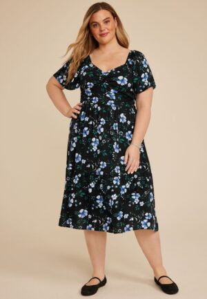 Plus Size Floral Short Sleeve Tiered Midi Dress
