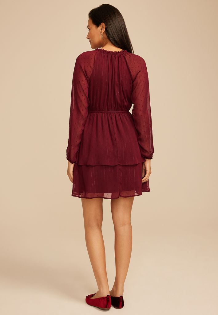 Burgundy Clip Dot Long Sleeve Mini Dress - Image 2