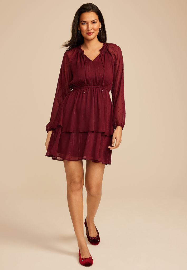 Burgundy Clip Dot Long Sleeve Mini Dress - Image 3