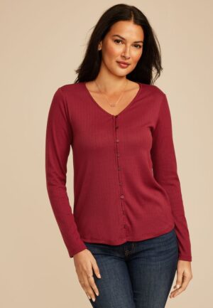 Pointelle Button Front V Neck Top