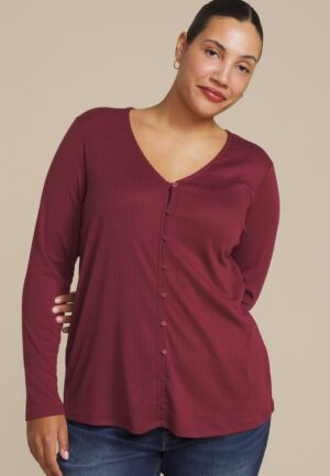 Plus Size Pointelle Button Front V Neck Top
