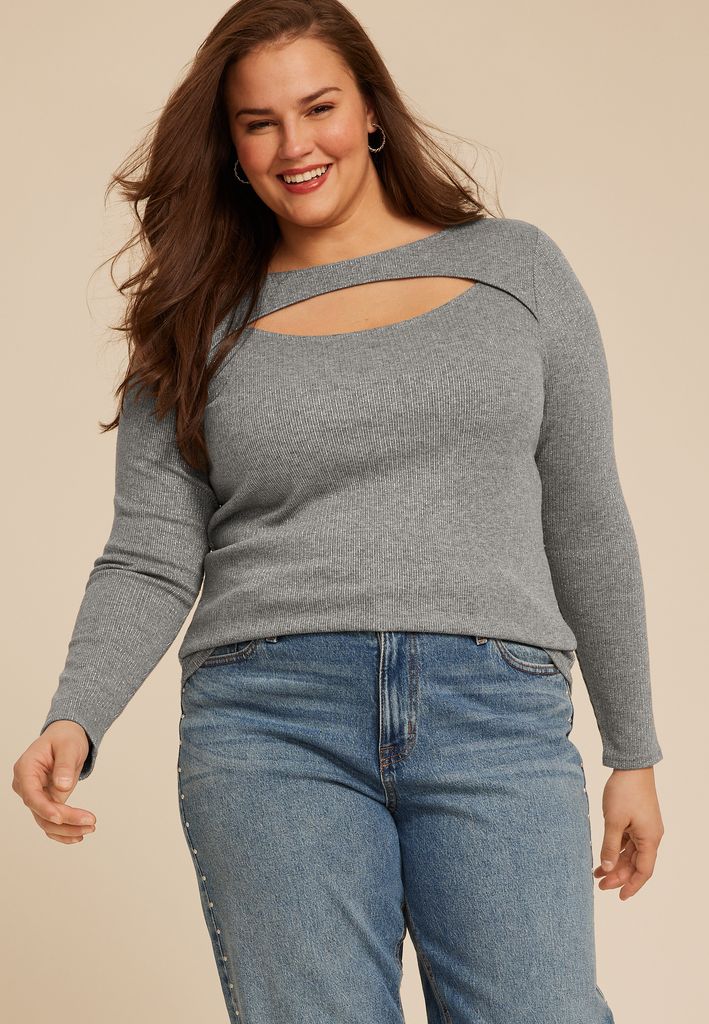 Plus Size Studio Y Shimmer Ribbed Cutout Knit Top - Image 3