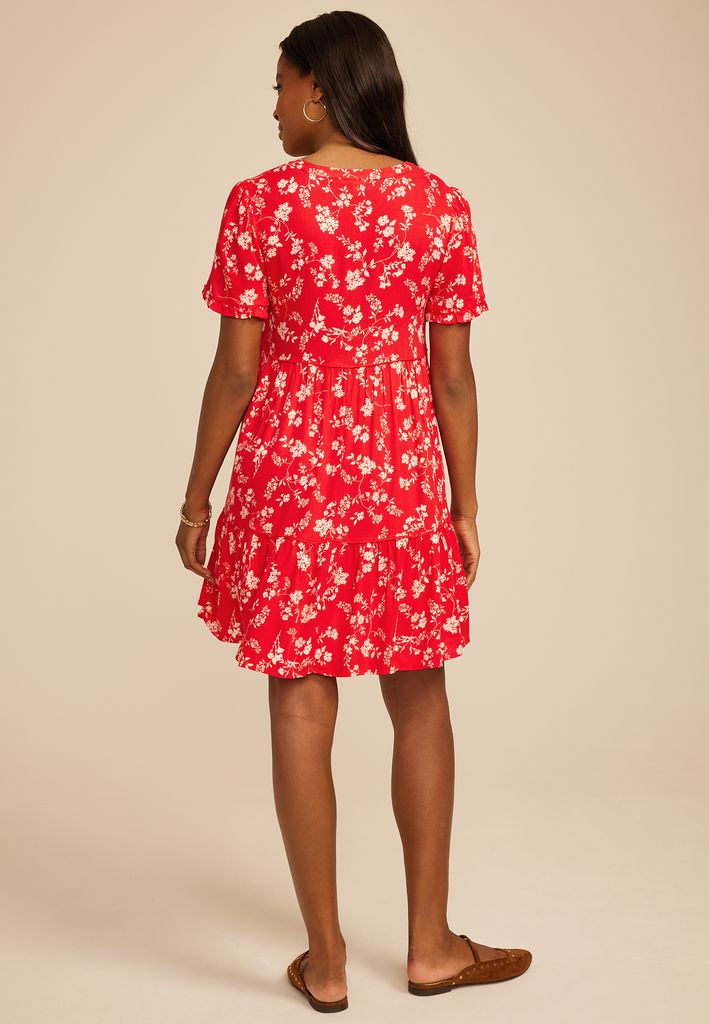 Red Floral Tiered Mini Dress - Image 2
