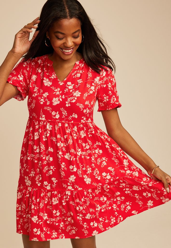 Red Floral Tiered Mini Dress - Image 3