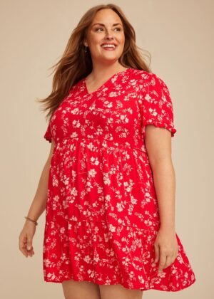 Plus Size Red Floral Tiered Mini Dress