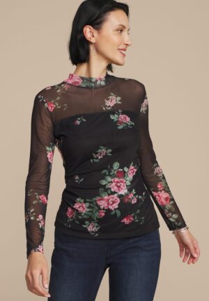 Floral Mesh Mock Neck Blouse