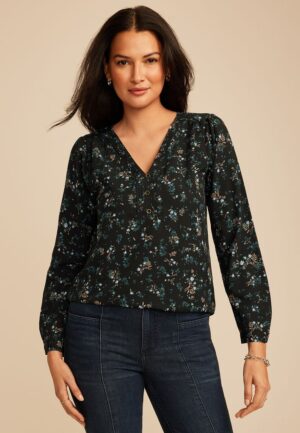 Floral Pleated V Neck Button Front Blouse