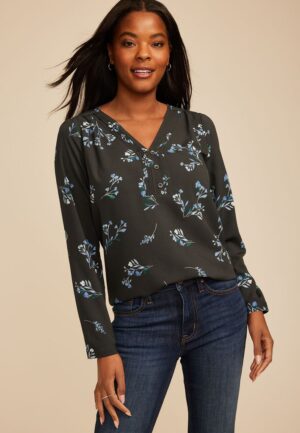Floral Pleated V Neck Button Front Blouse