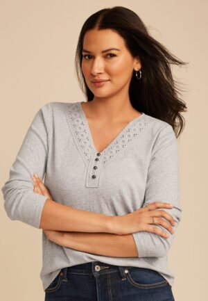 Crochet Yoke Henley Long Sleeve Top