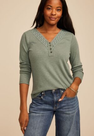 Crochet Yoke Henley Long Sleeve Top