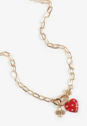 Red Studded Heart Oval Link Charm Necklace